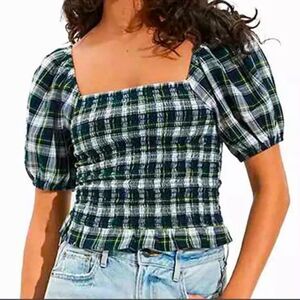 American Eagle NWT Trendy Plaid Puff Sleeve Top Green Navy White Smocked Crop